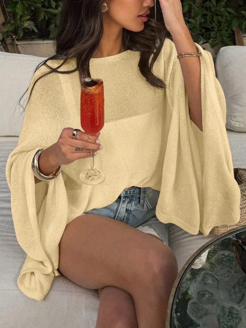 apricot Casual Women's Minimalist Loose Comfortable Knit poncho Sweater